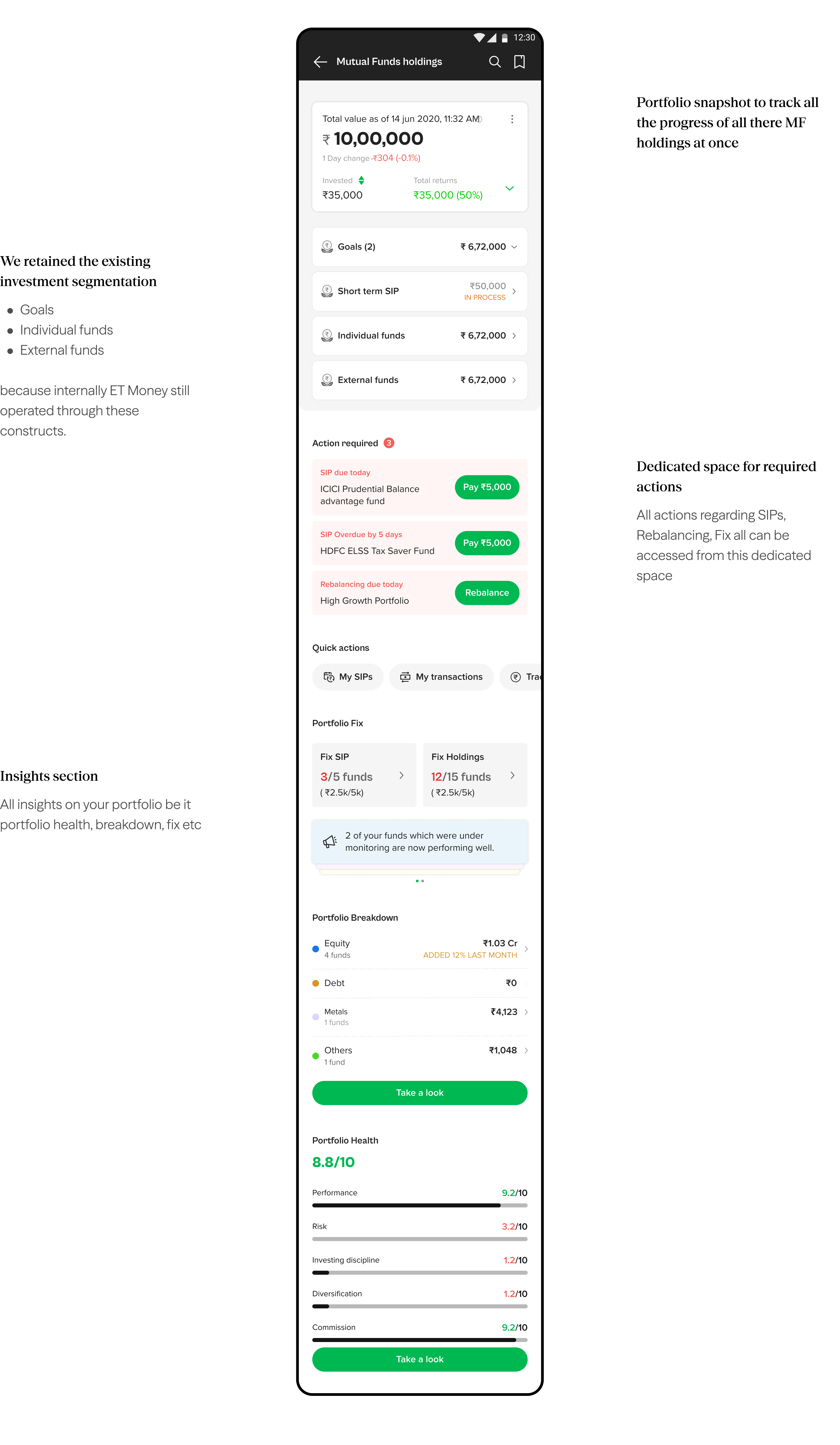 Building V1 of the Mutual Funds dashboard with phone mockup and annotations