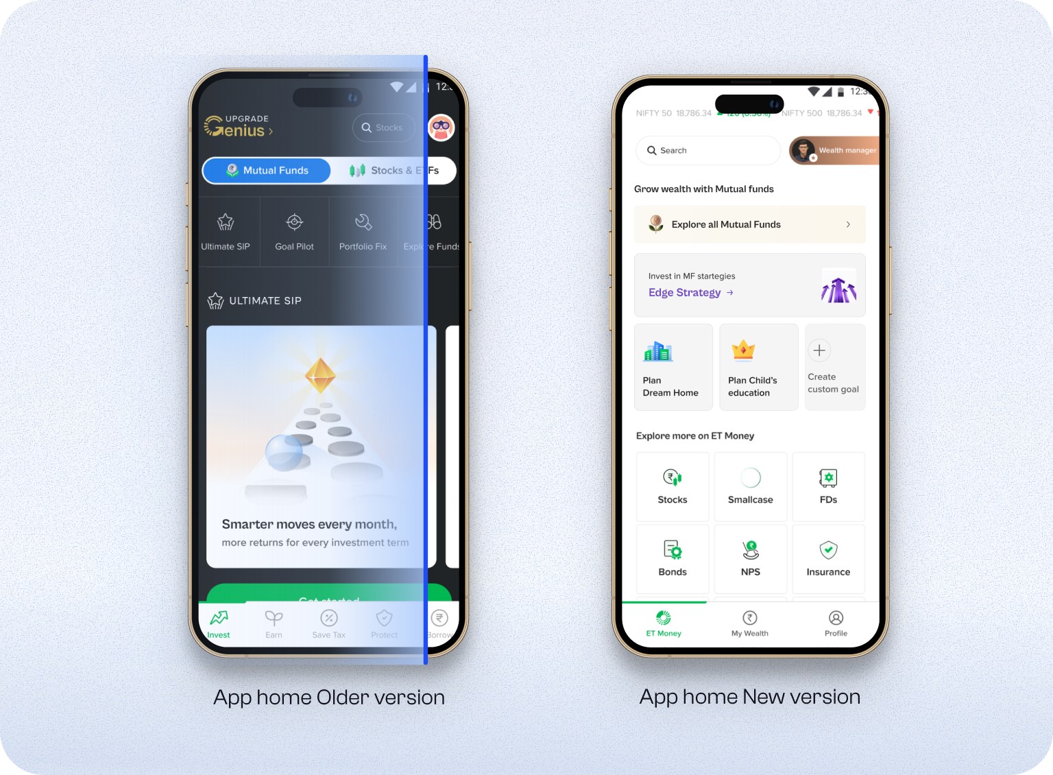 The ET Money app home screen, older version beside the new version
