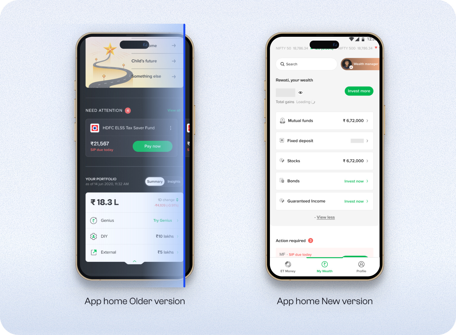 The app home screen, older version beside new version