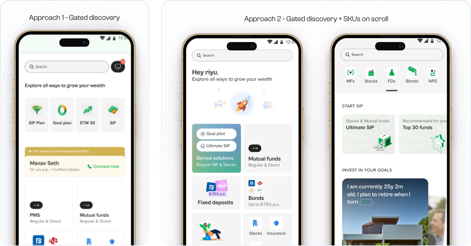 Approach 1, gated discovery, beside approach 2, gated discovery with product SKUs revealed on scroll