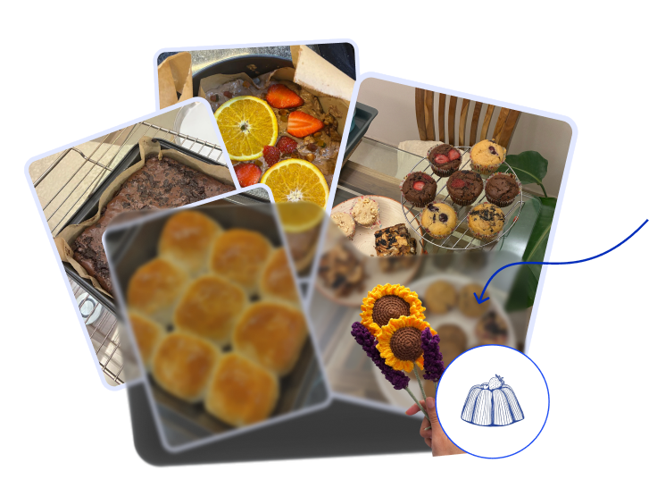 A fan of photographs of things I have baked, with a bunch of crocheted sunflowers in front of them