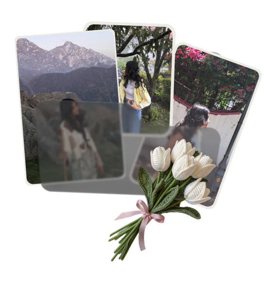 A fan of photographs from my travels, with a bouquet of crocheted tulips resting against it