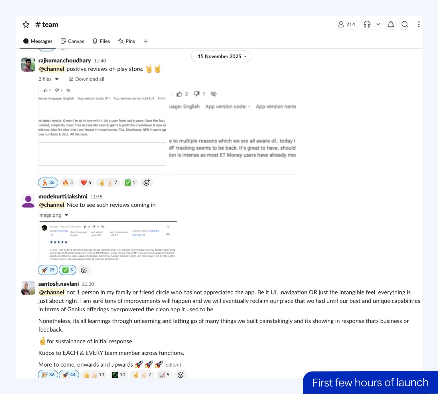 A team Slack channel filling with positive Play Store reviews in the first few hours of launch